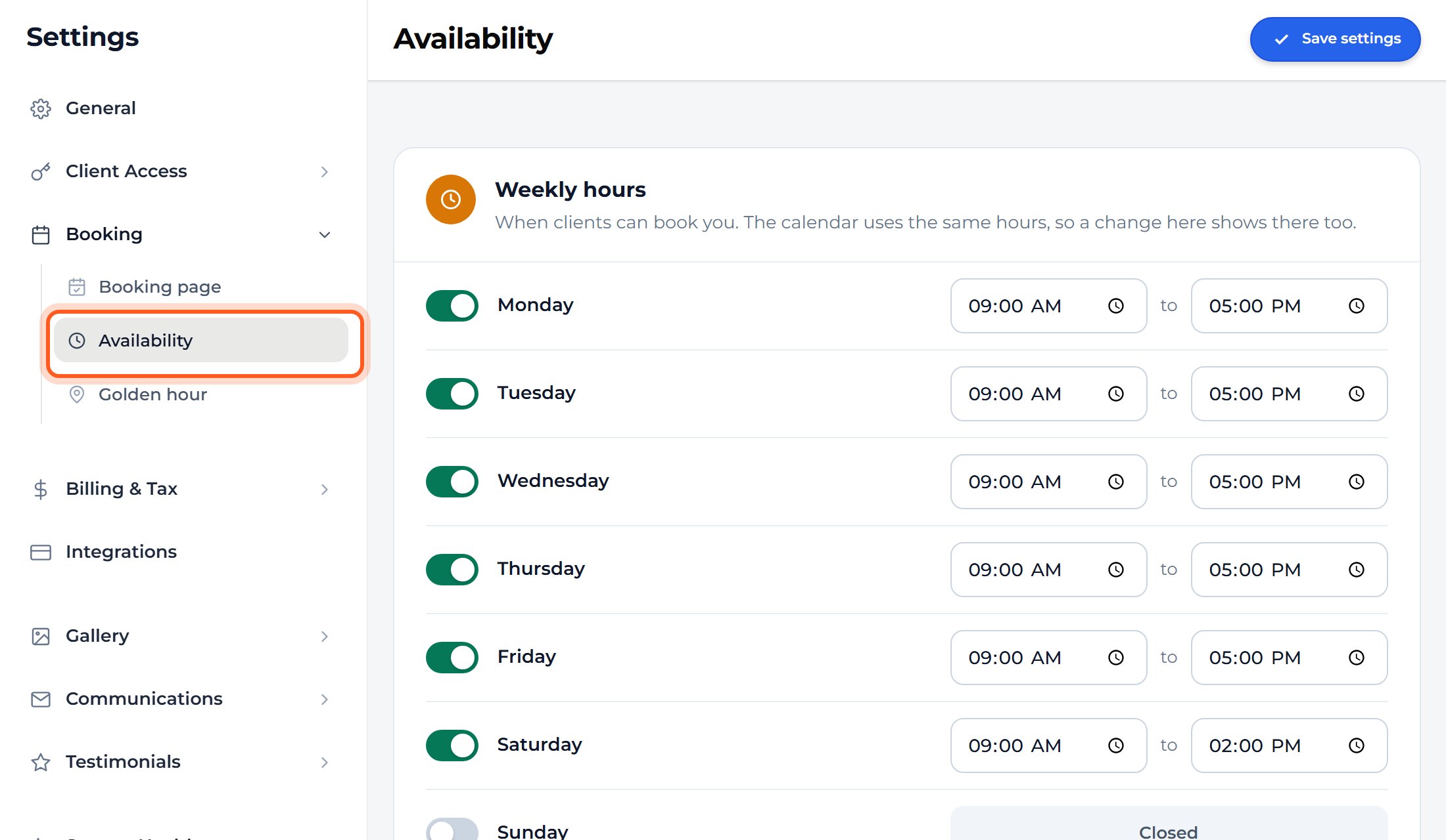 Press Booking, then Availability. Set your weekly hours here. Booking page and Golden hour sit beside it.