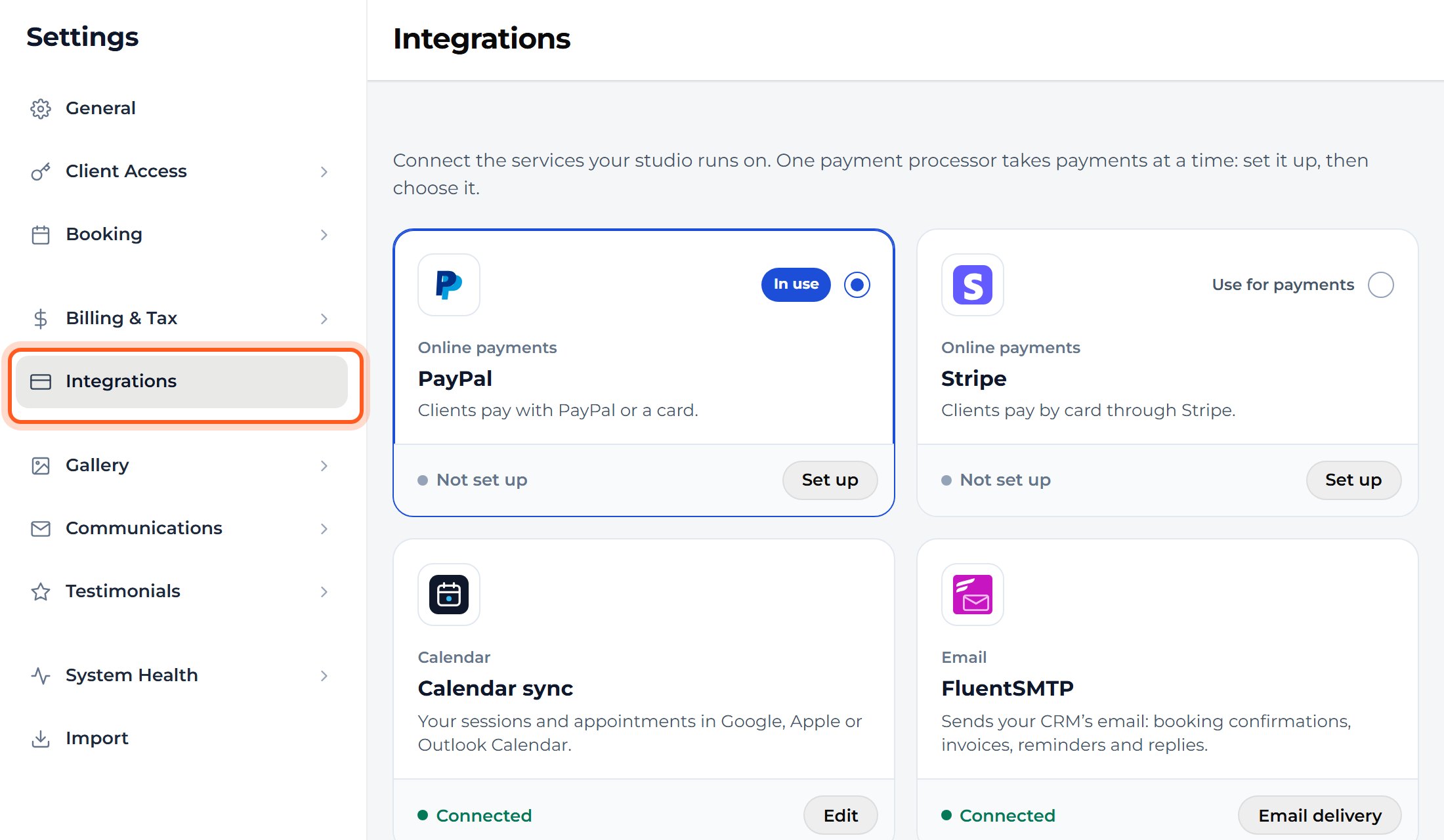 Press Integrations. Connect PayPal or Stripe to take payments, and set up calendar sync, FluentSMTP and Koko Analytics.