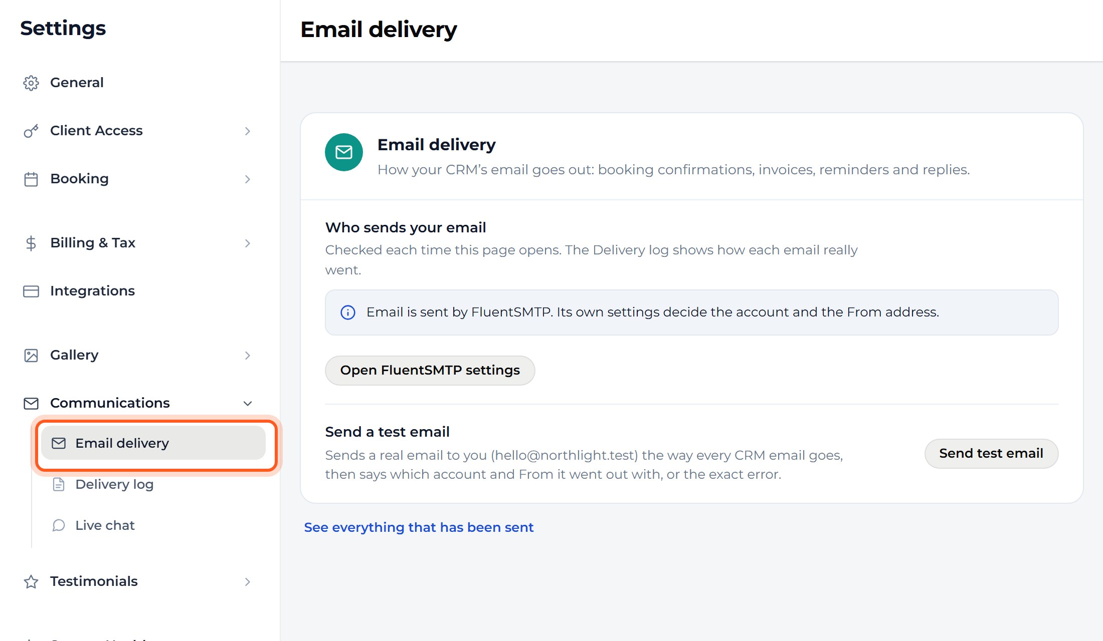 Press Communications, then Email delivery. Your email setup is here, with the delivery log and live chat beside it.