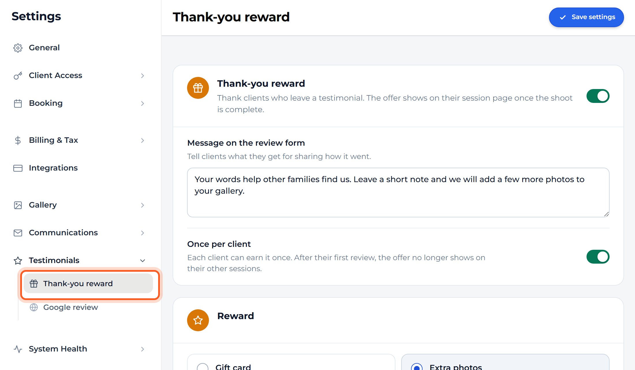 Press Testimonials, then Thank-you reward. Reward clients who leave a testimonial here. Google review sits beside it.