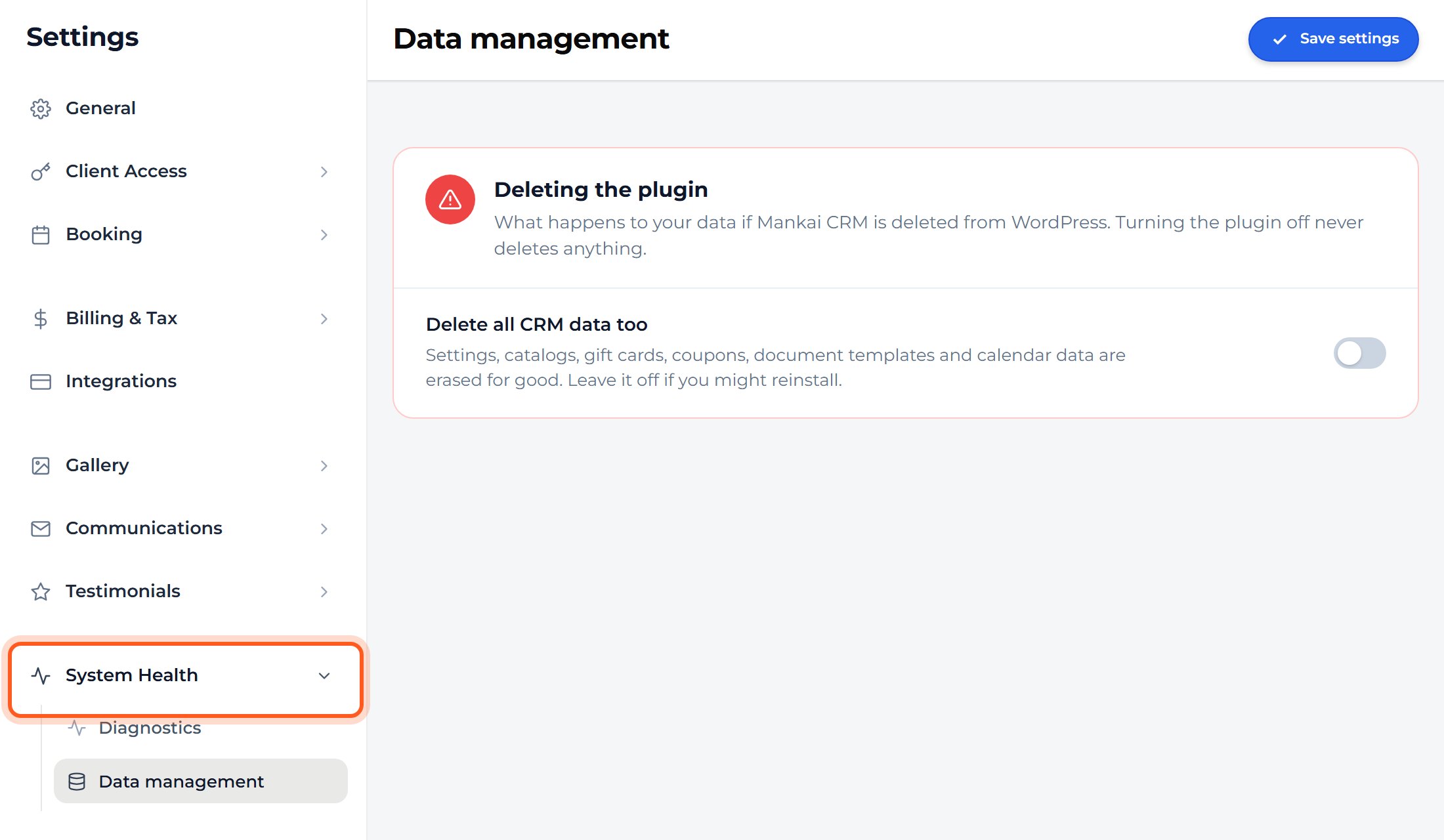 Press System Health. Diagnostics checks that Mankai runs well, and Data management controls what happens to your data.
