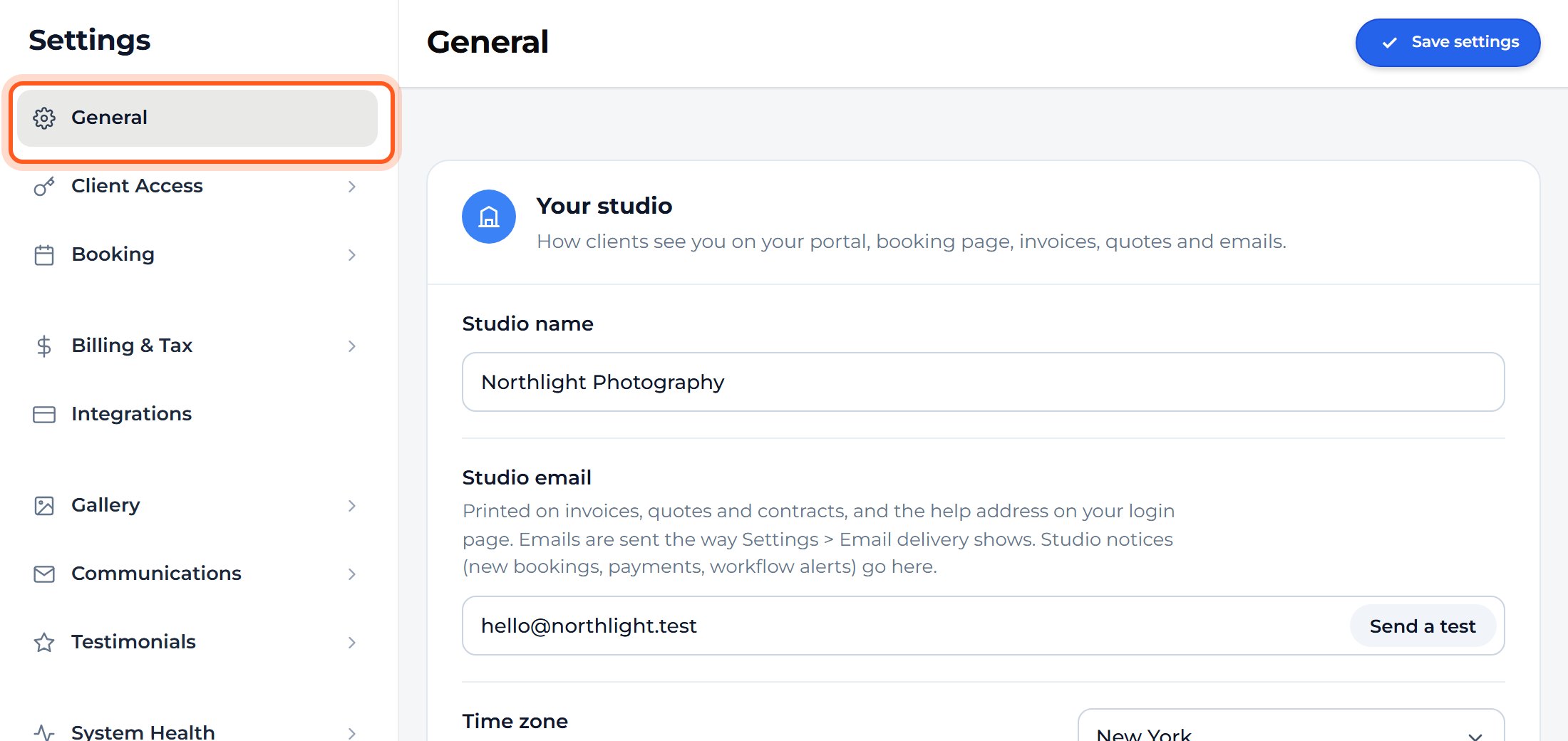 Settings opens on General, which holds your studio name, email, time zone and logo.