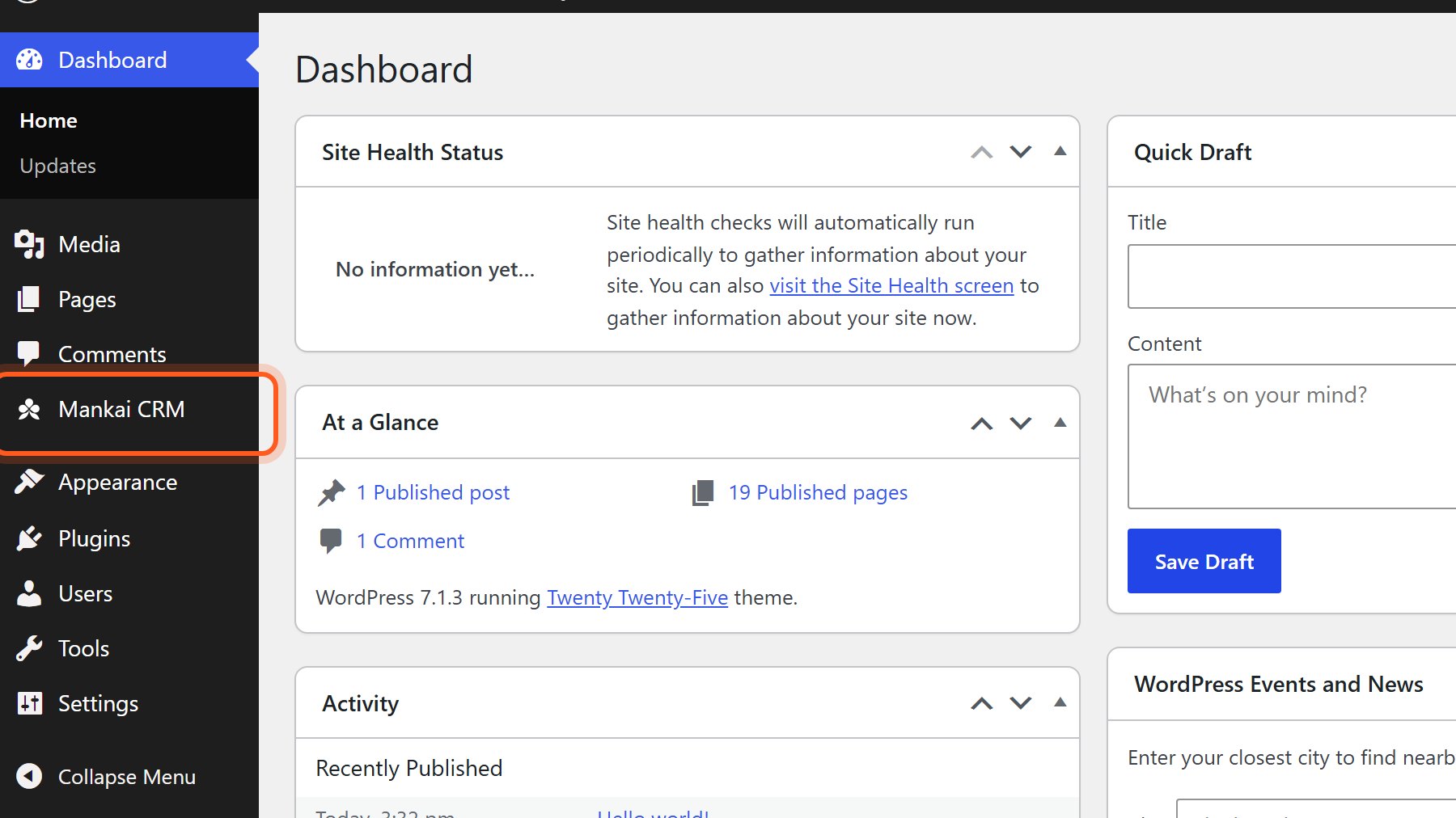 Press Mankai CRM in the WordPress menu.