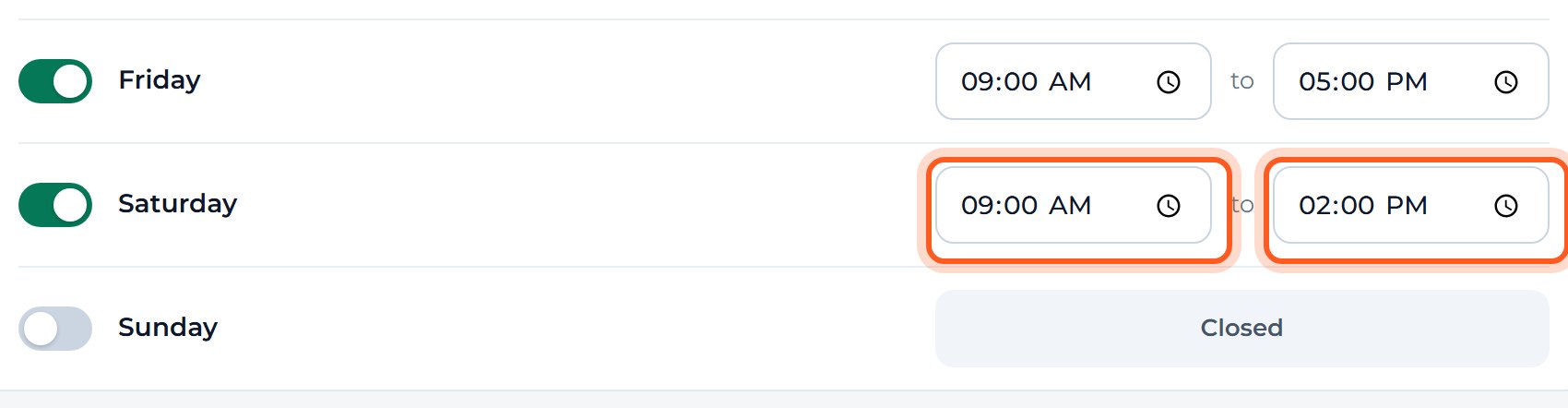 Type your opening time in the first box and your closing time in the second, then press Save settings at the top right.