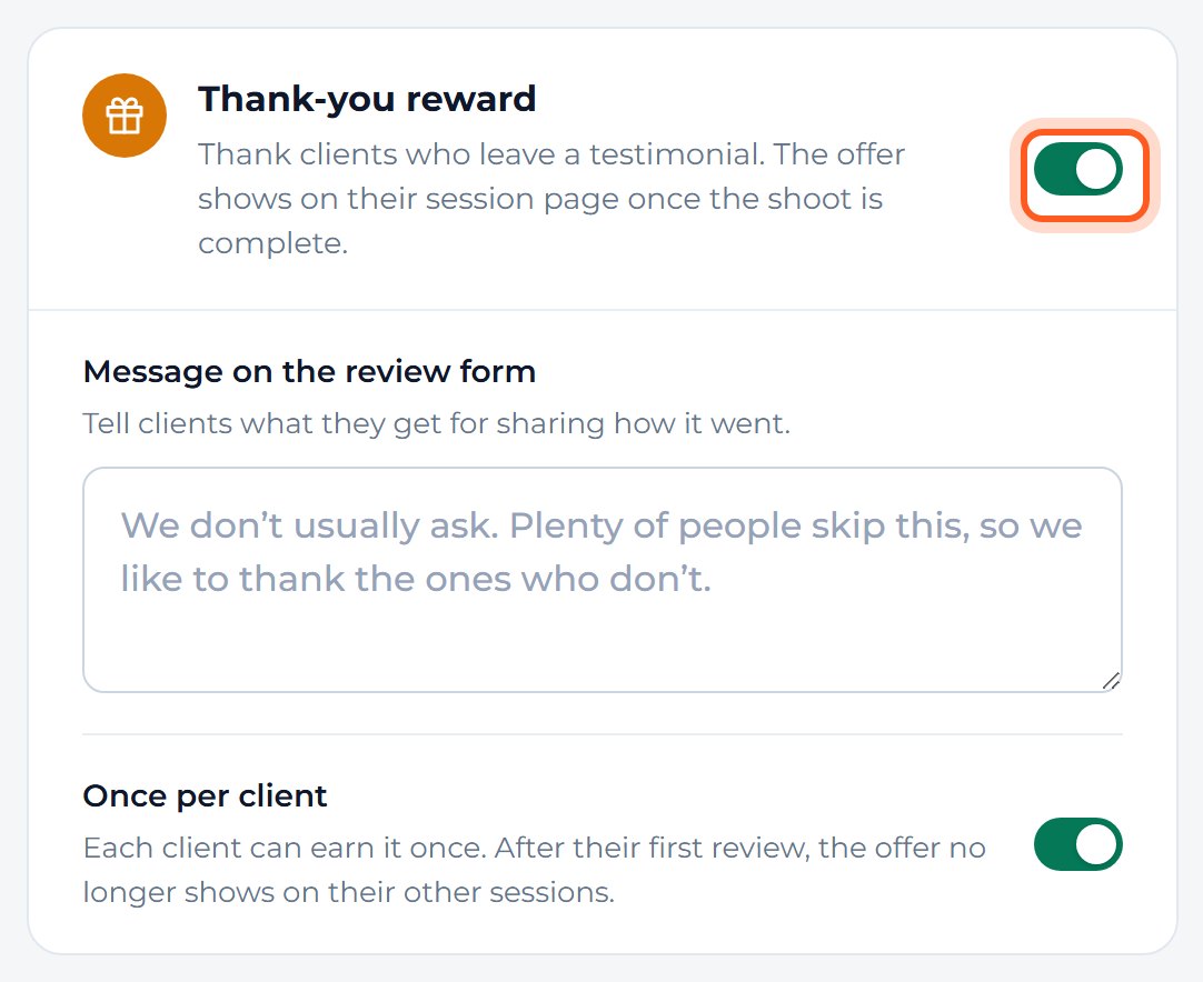 Turn on the Thank-you reward switch at the top right of the first box.
