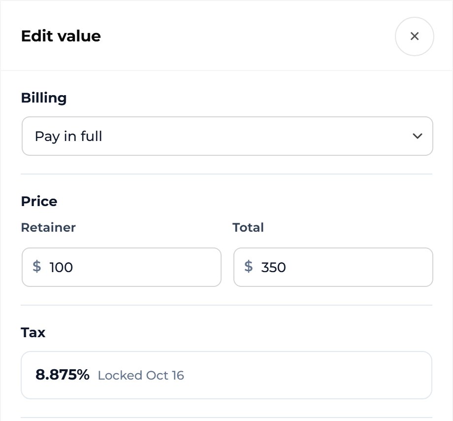 Press Edit value. A panel opens where you change the billing, the retainer and the total.