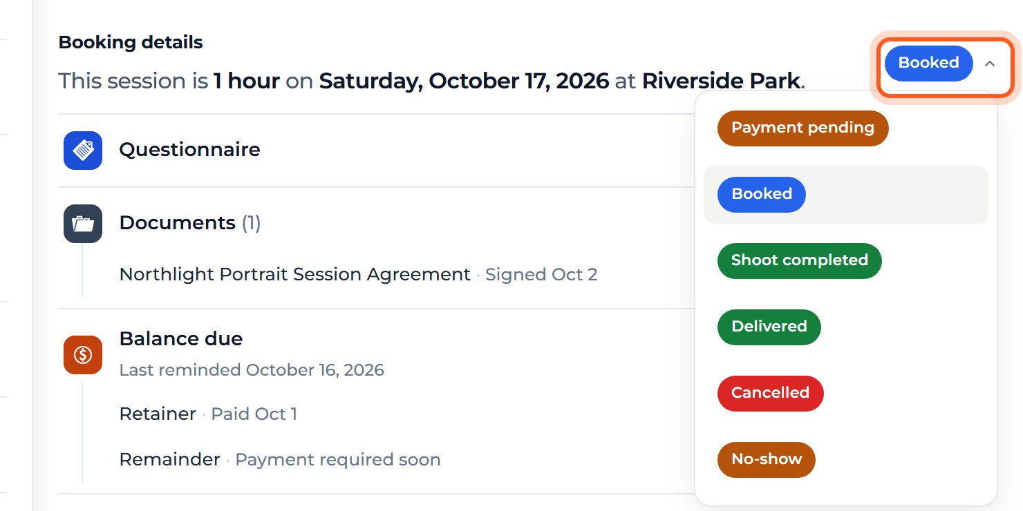 Press the Booked badge to change the status as the job moves along.