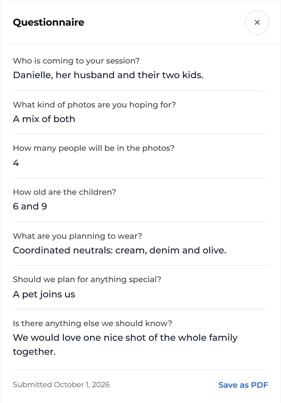 Press Questionnaire to read what the client answered.