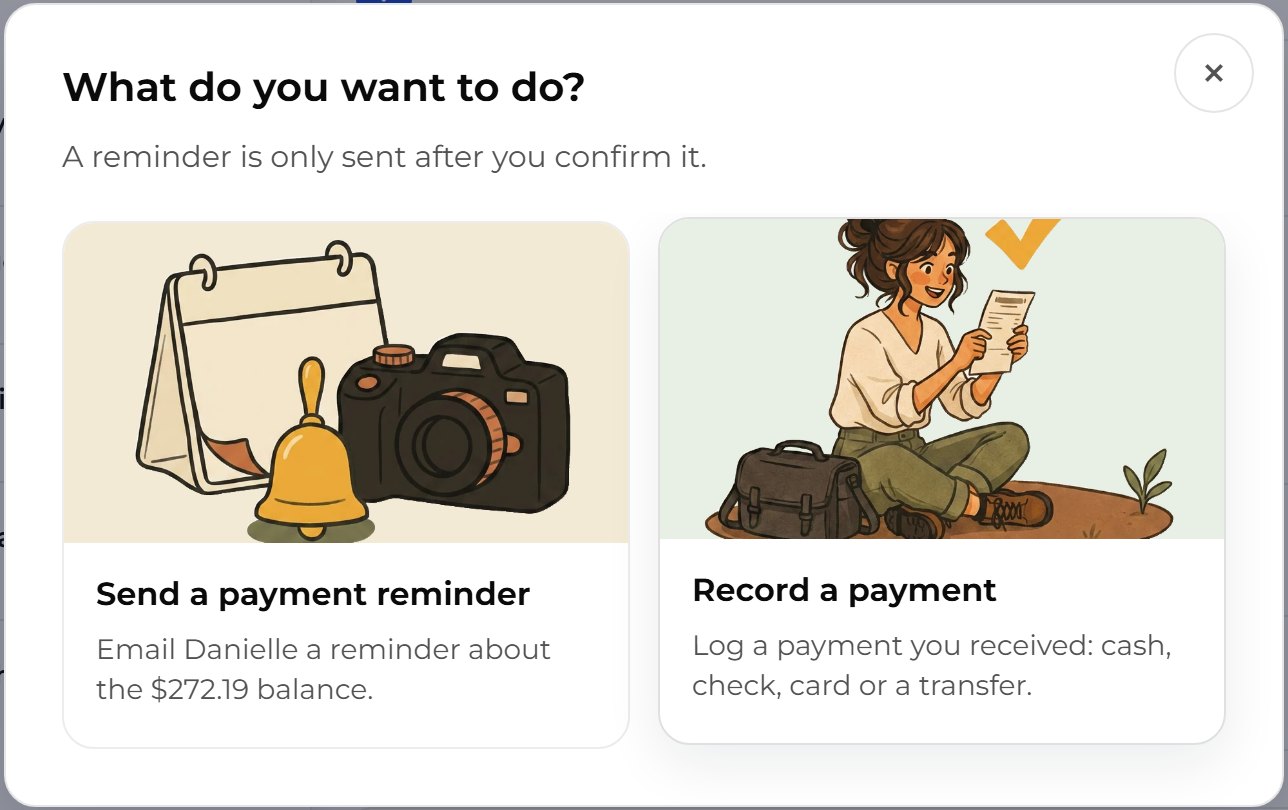 Choose Send a payment reminder to email the client, or Record a payment if they paid you in person.