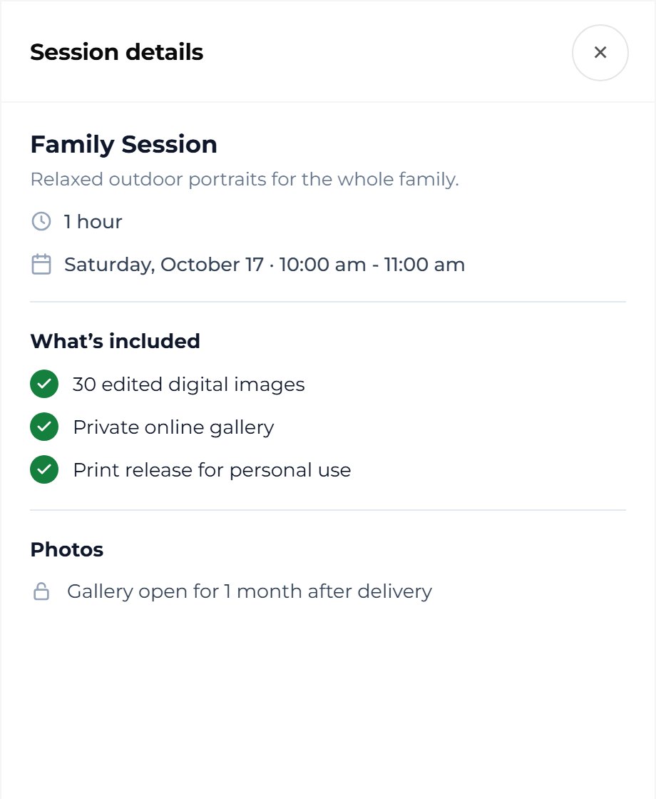 Press Session details to see what the client booked: the length, what is included and how long the gallery stays open.