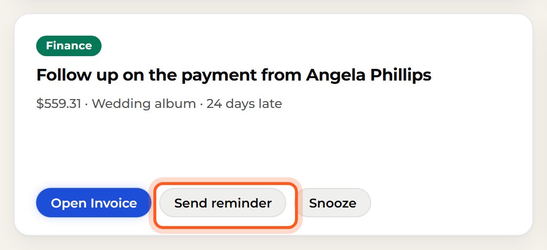 On a late payment, press Send reminder to email the client.