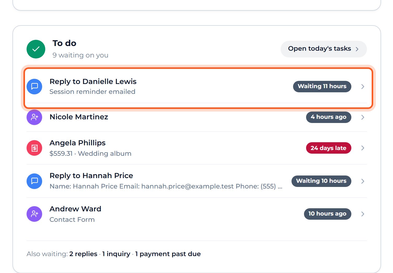Each row of the To do card goes straight to its job. Press Reply to Danielle Lewis to open her message.