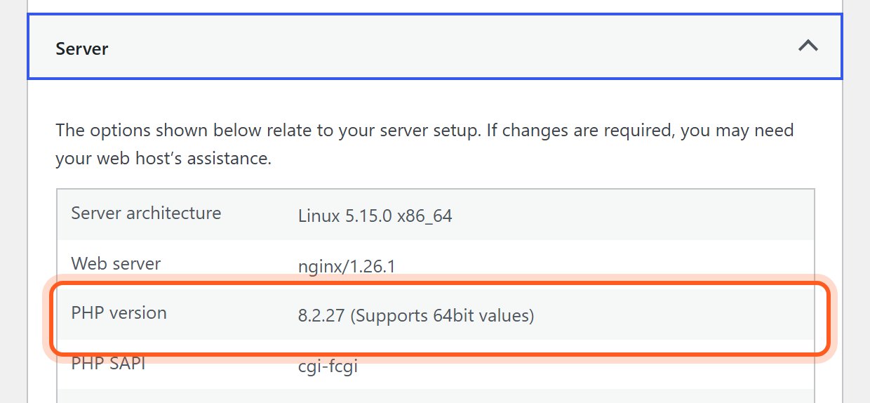 Find PHP version. It must start with 8.1 or higher. 8.2 and 8.3 are the comfortable choices.