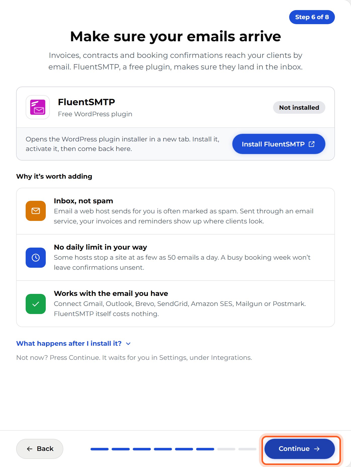 Leave Install FluentSMTP alone and press Continue.